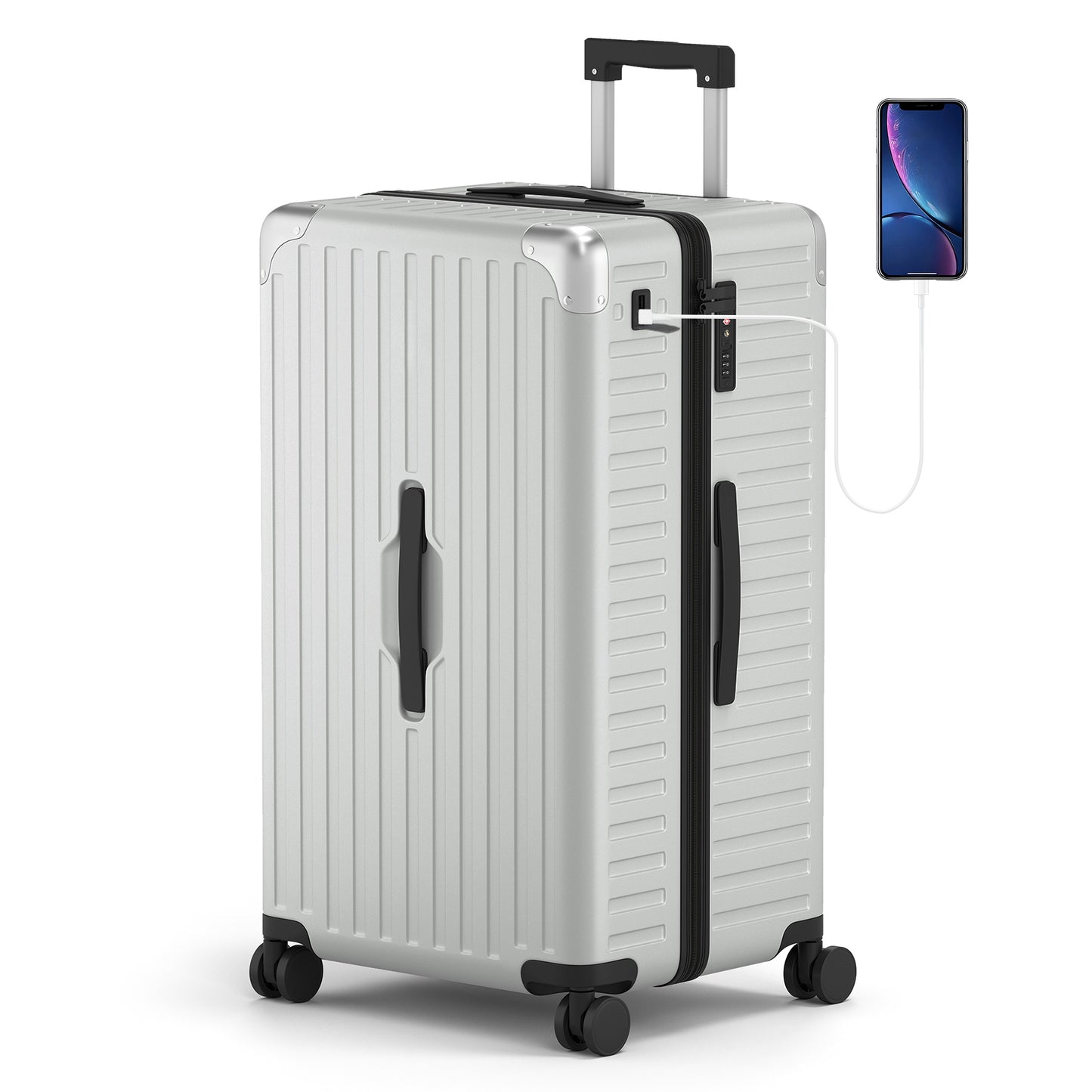SUMMIT LIVING 28 inch Checked Luggage, Hardshell Trunk Suitcase with Lightweight PC, Aluminum Handle & Protector, TSA locks, Spinner Wheels, USB Charging Port, Silver Gray