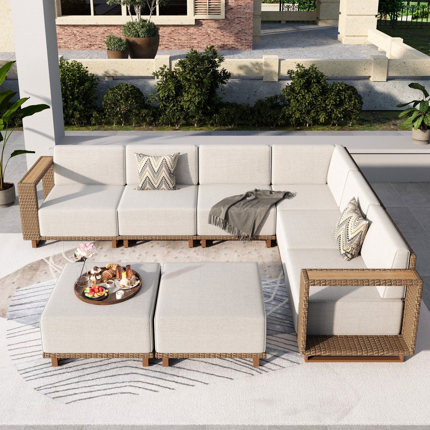 Summit Living 6-Piece Outdoor Conversation Set for 8, Wicker Patio Furniture Set, L Shaped Sectional Sofa with 2 Ottomans, Beige