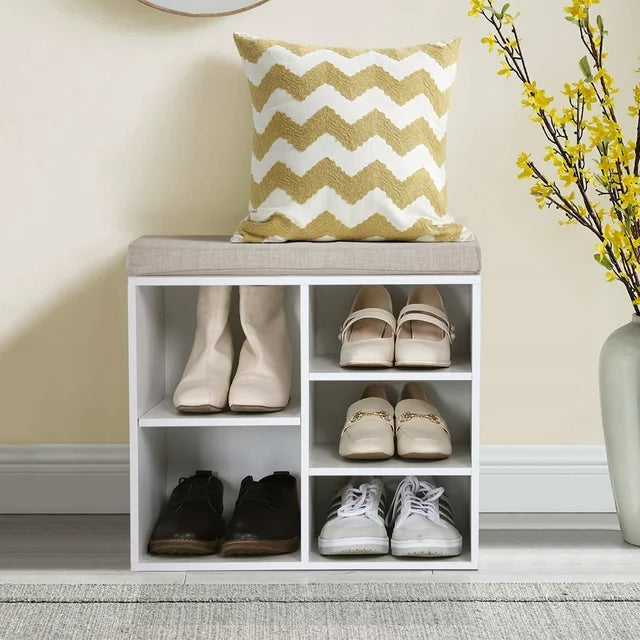 MF Studio 5-Pair Shoe Storage Wood Bench with Cushioned Seat, White