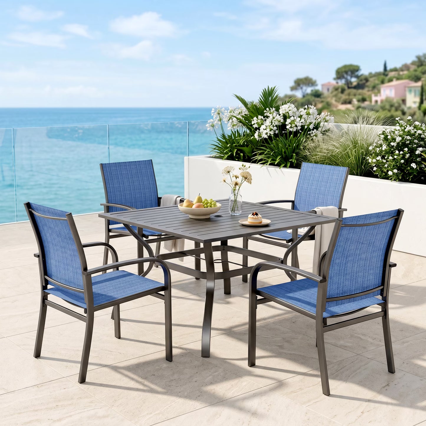 SUMMIT LIVING 5-Piece Outdoor Patio Dining Set with Metal Steel Square Table & Textilene Chairs for 4-Person, Black & Blue