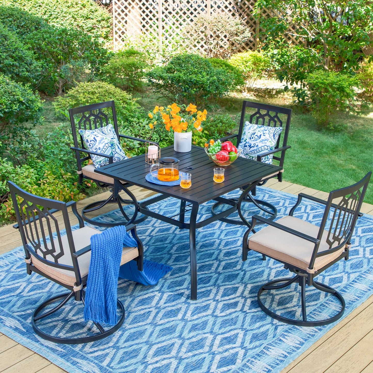 MF Studio 5-Piece Patio Dining Set Outdoor Metal Furniture with 4 Swivel Padded Chairs& 37" Square Table, Beige Cushion