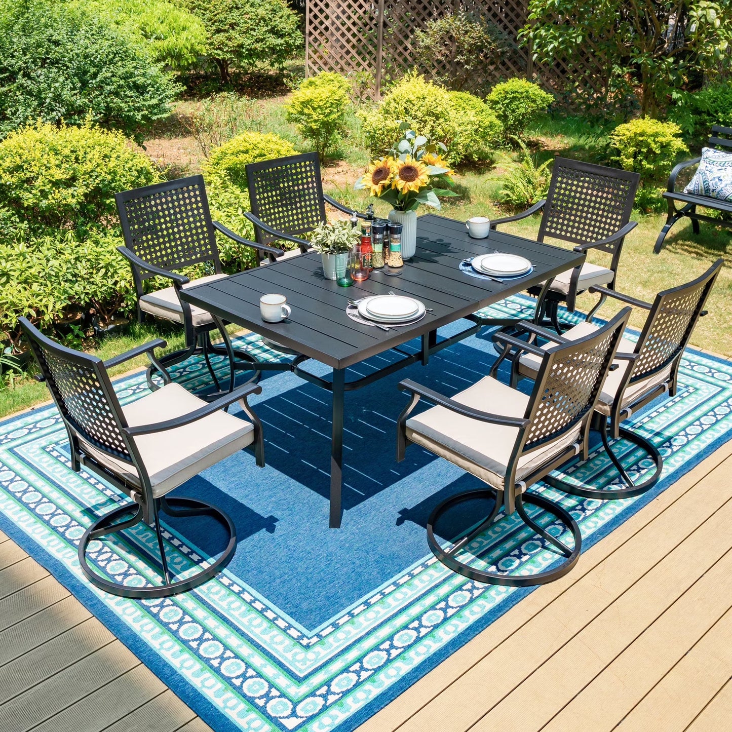 MF Studio 7-Piece Outdoor Patio Dining Set with 6 Swivel Chairs with Cushion and 1 Rectangular Metal Steel Table, Black & Beige