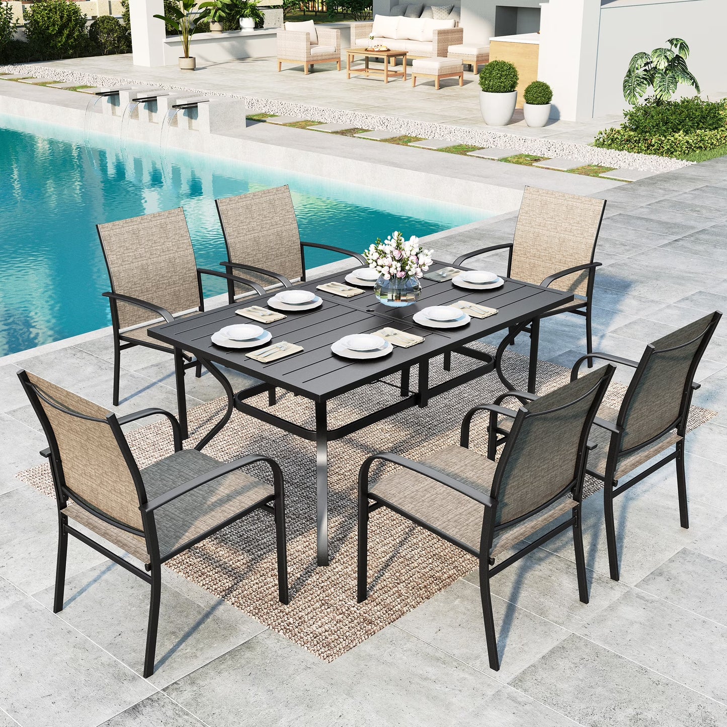 MF Studio 7-Piece Outdoor Patio Dining Set with Rectangle Steel Table & Textilene Chairs for 6-Person, Black & Brown