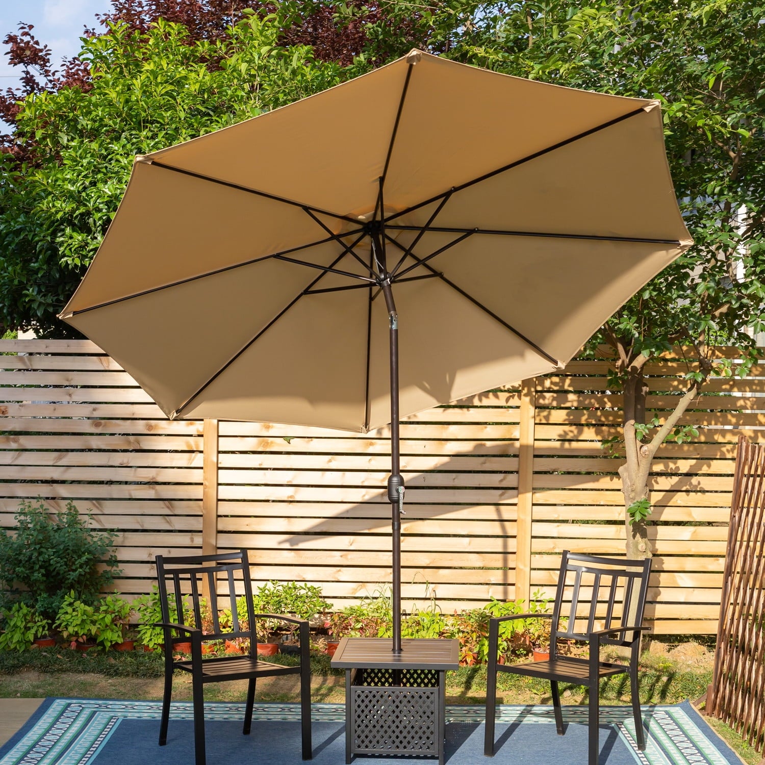 9 ft patio umbrellas MF Studio 9ft Patio Umbrella with 8 Sturdy Ribs with Push Button Tilt/Crank Outdoor Market Table Umbrellas Beige