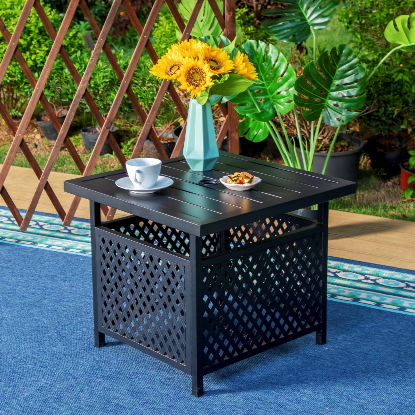 MF Studio Outdoor Metal Bistro Side Table Patio End Table with Umbrella Hole, Black