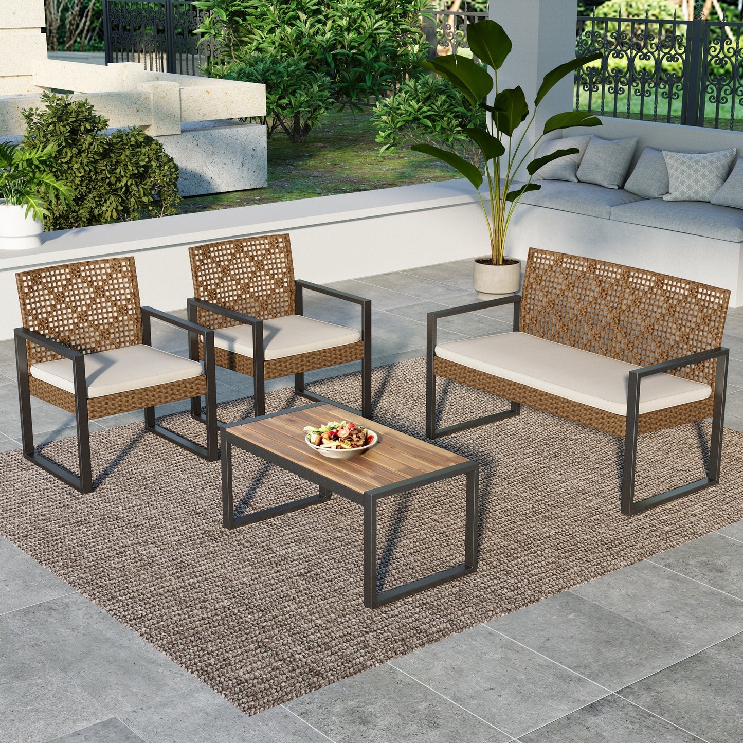MF Studio 4-Piece Wicker Patio Furniture Set with Acacia Wood Table, Weather-Resistant Outdoor Conversation Set, Brown and Beige