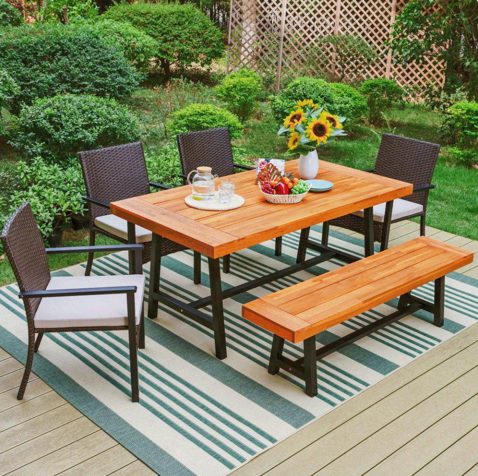 MF Studio 6-Piece Outdoor Dining Set with Wood Table, Bench & Wicker Chairs