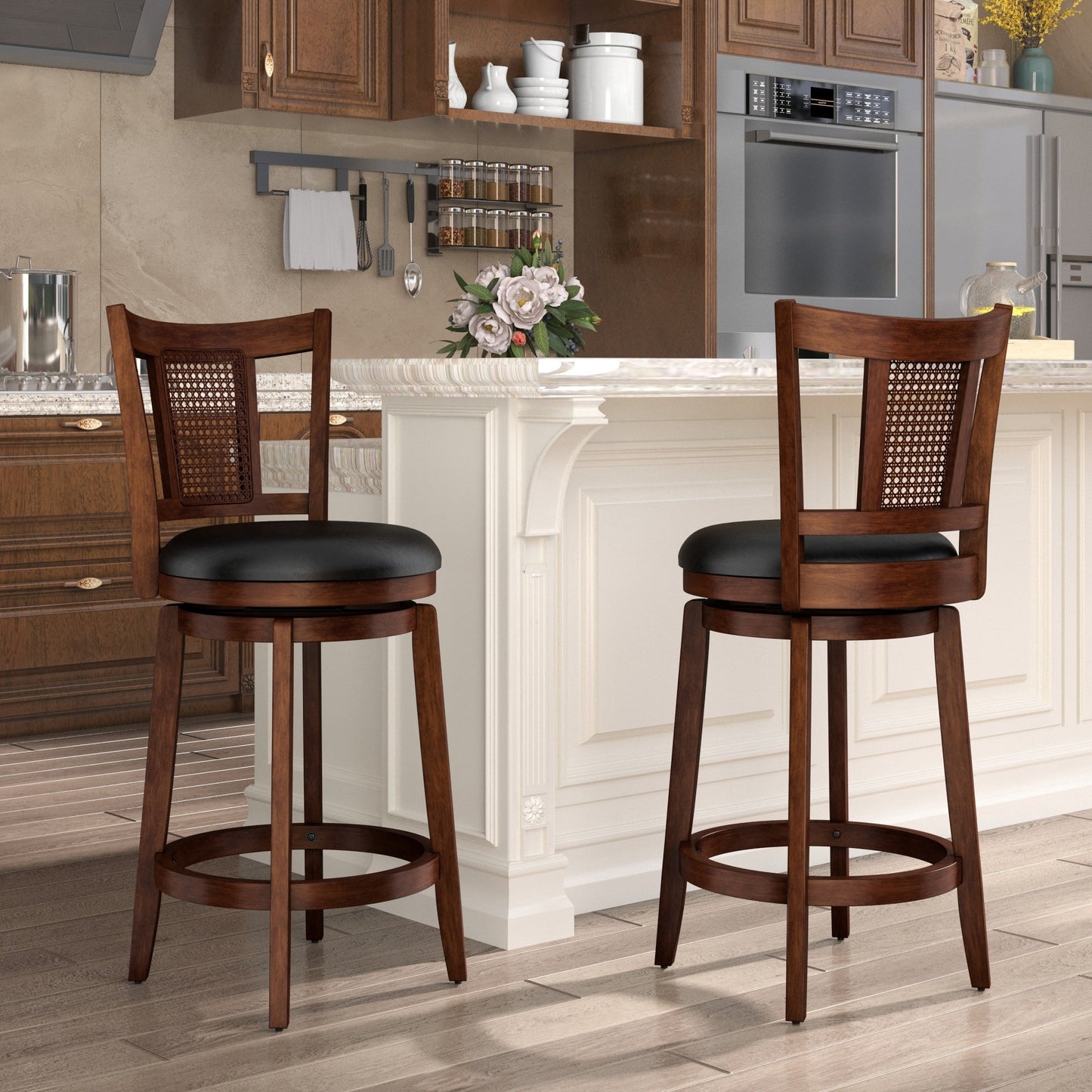 SUMMIT LIVING 26" Swivel Bar Stool with Back Set of 2, Wood Counter Height Chairs with PU Leather Upholstered Seat for Kitchen Island & Home Pub, Dark Brown
