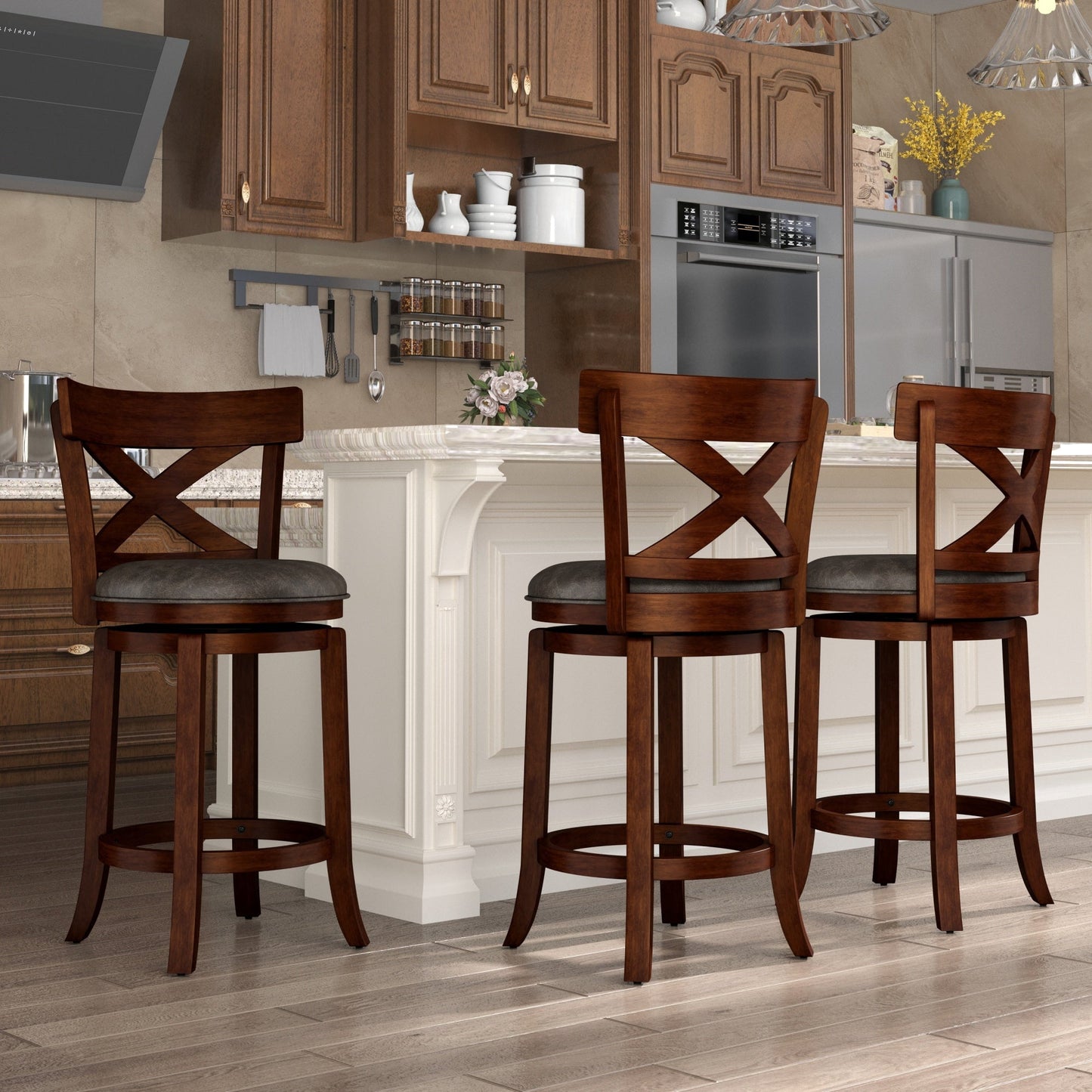 SUMMIT LIVING 26" Swivel Bar Stool with Back Set of 3, Wood Counter Height Chairs with PU Leather Upholstered Seat for Kitchen Island & Home Pub, Dark Cherry