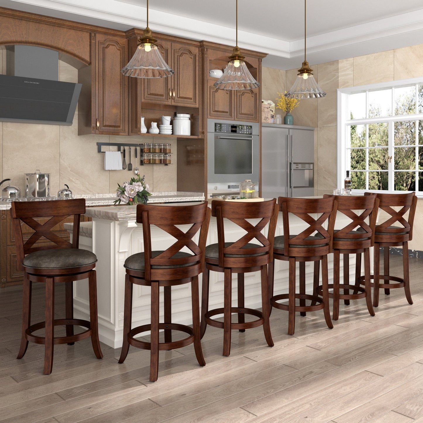 SUMMIT LIVING 26" Swivel Bar Stool with Back Set of 6, Wood Counter Height Chairs with PU Leather Upholstered Seat for Kitchen Island & Home Pub, Dark Cherry
