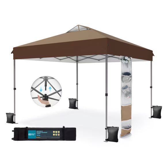 Summit Living 10 x 10 Ft Pop-up Canopy Tent One Push Setup Straight Legs Instant Canopy for Outside with Wheeled Bag – Dark & Light Brown