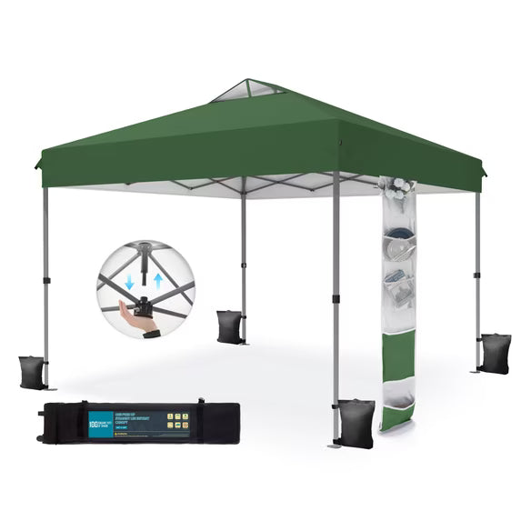 Summit Living 10 x 10 Ft Pop-up Canopy Tent One Push Setup Straight Legs Instant Canopy for Outside with Wheeled Bag – Green