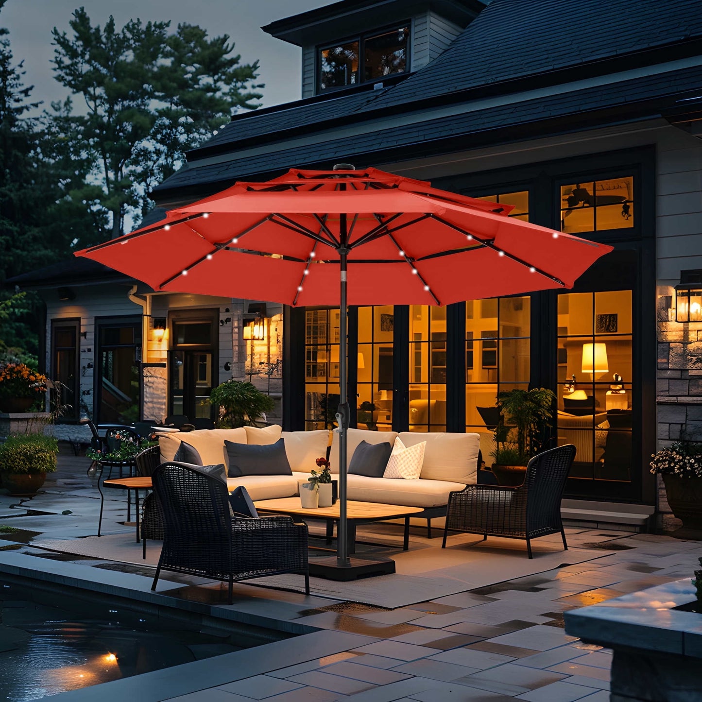 Summit Living 10ft Patio Umbrella with Solar Lights 3-Tier Vented Outdoor Market Umbrella with Auto-Tilt ¨C Orange Red