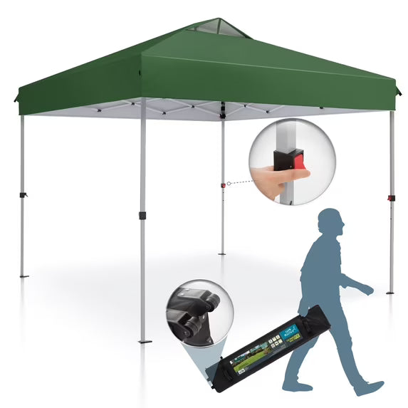 outside the tent SUMMIT LIVING 10 ft Pop up Canopy Tent Straight Legs Instant Canopy for  Outside with Wheeled Bag Green