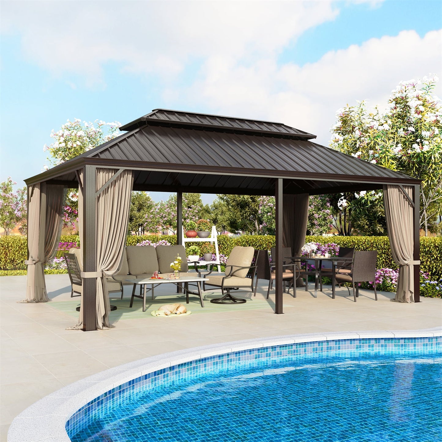 Summit Living 12 x 20 FT Hardtop Gazebo Aluminum Frame Galvanized Steel Double Roof Patio Gazebo with Netting Curtains Brown