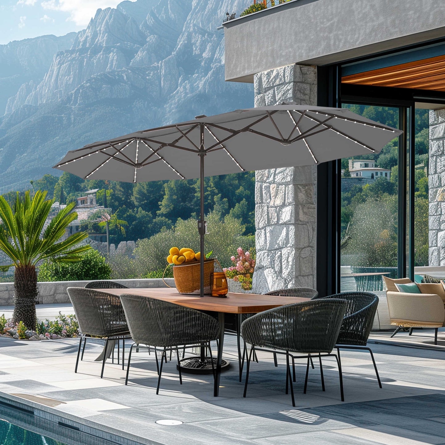 Summit Living 13ft Large Patio Umbrella with Multi-Color LED Solar Lights Double-Sided Rectangular Outdoor Table Umbrella ¨C Smoky Gray