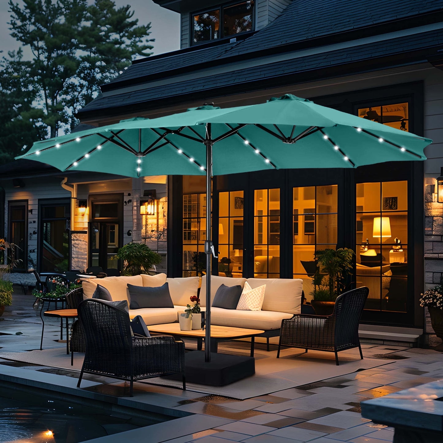 Summit Living 15 FT Double-Sided Solar Patio Umbrella with Base Large Outdoor Umbrella with LED Solar Lights - Turquoise