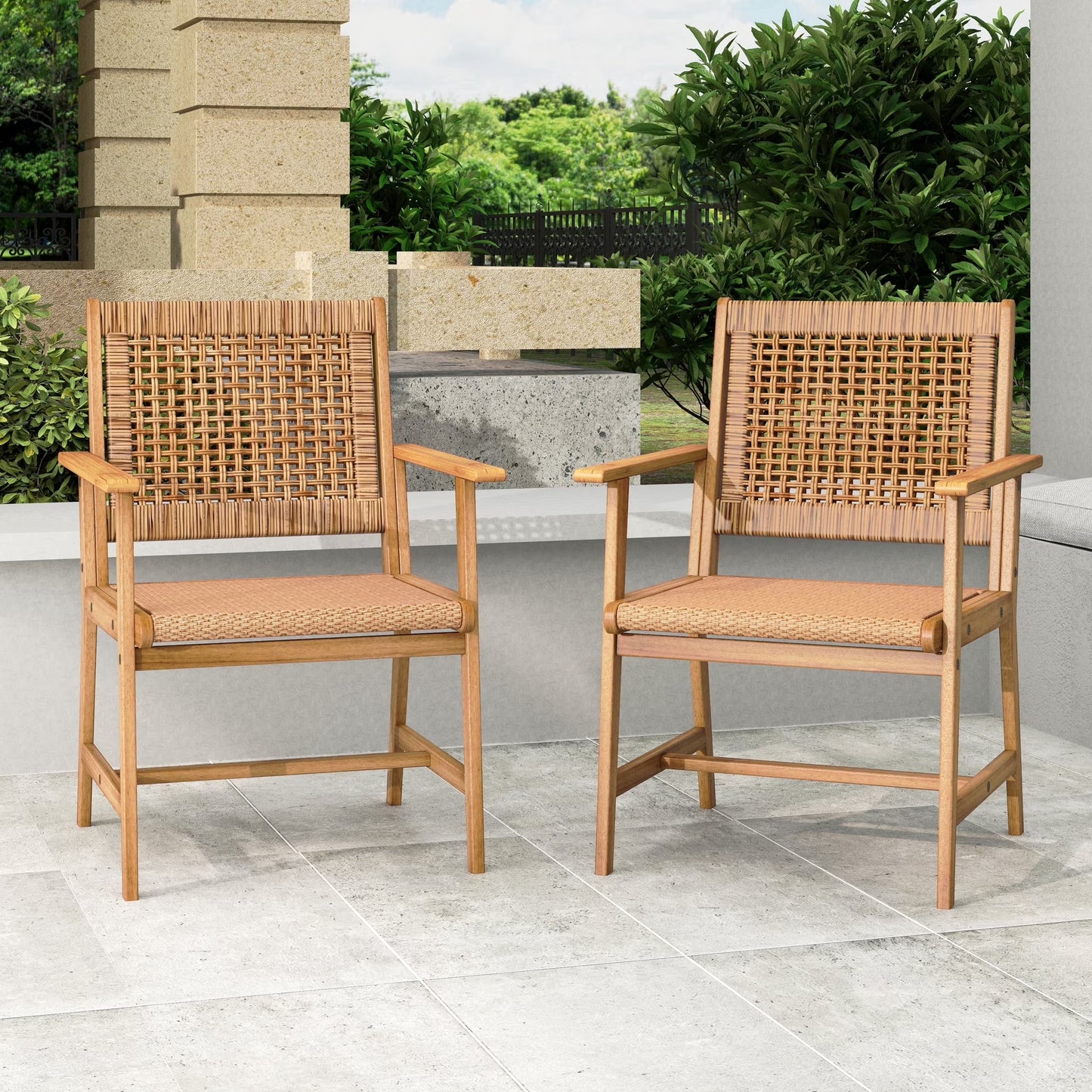 SUMMIT LIVING 2-Piece Acacia Wood Patio Dining Chairs (Weight Capacity 350 lbs) with Rattan Seat & Back, Natural Wood Outdoor Chairs