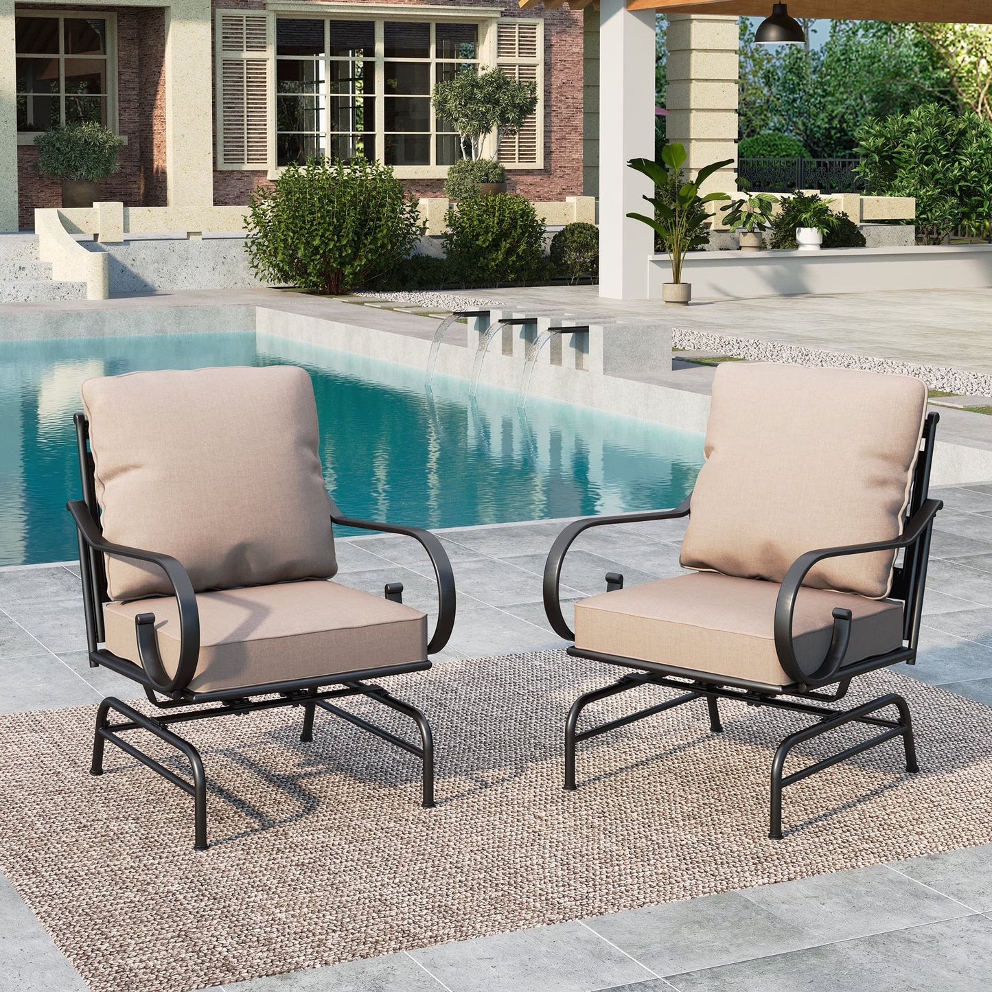 SUMMIT LIVING 2-Piece Outdoor Patio Rocking Motion Chairs with Thick Seat & Back Cushions, Black & Beige