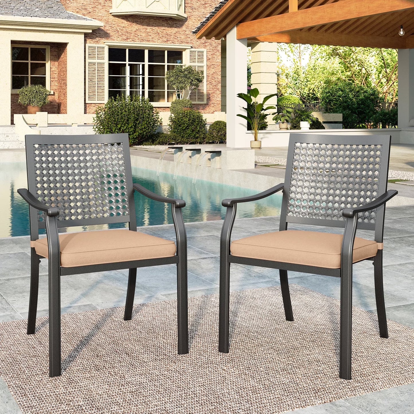 SUMMIT LIVING 2-Piece Outdoor Patio Dining Chairs, Large Metal Steel Stackable Armchairs (Weight Capacity 350 lbs) with Cushions, Black & Brown