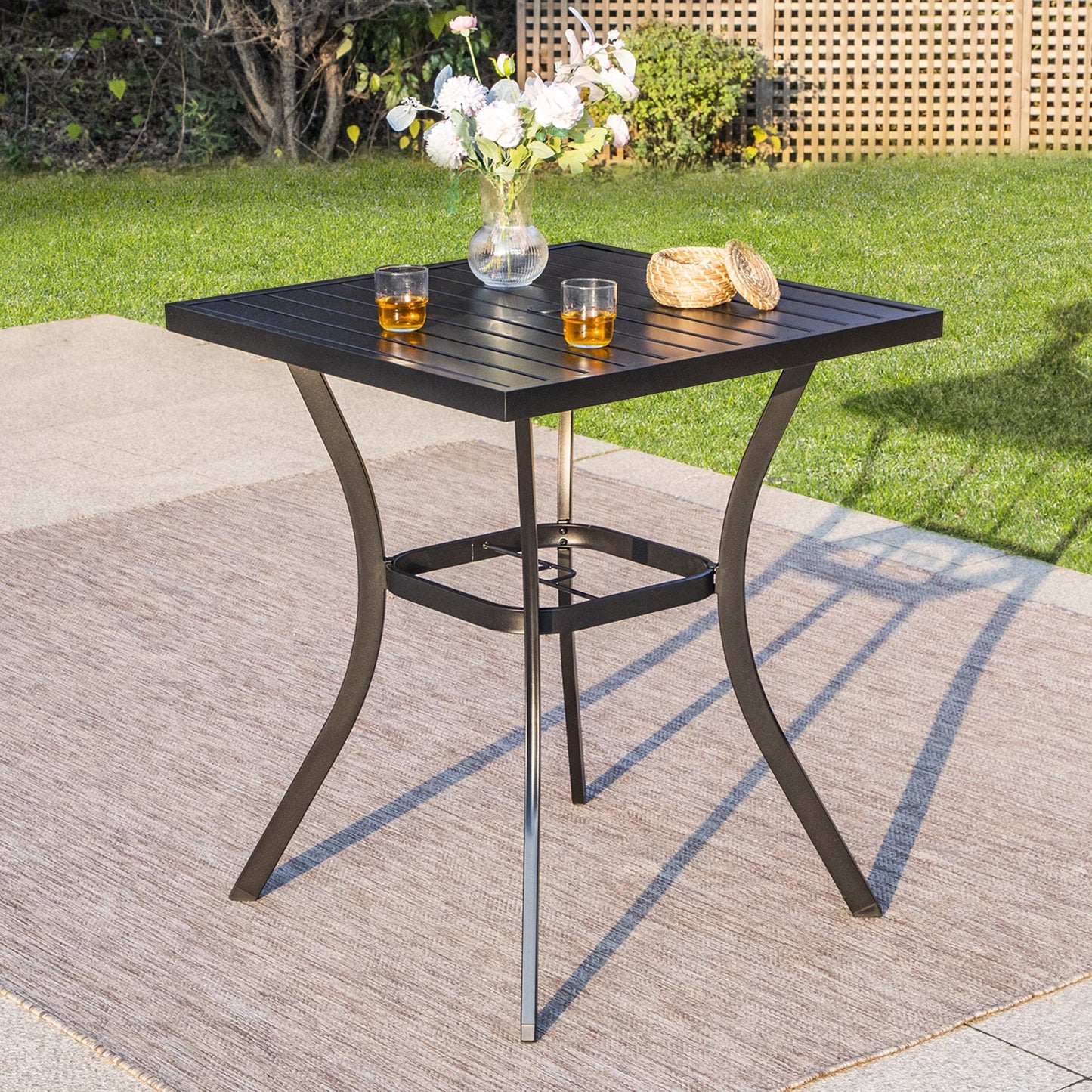 SUMMIT LIVING 36"H Outdoor Counter Height Pub Table with Umbrella Hole, Patio Metal Bistro Bar Table, Black