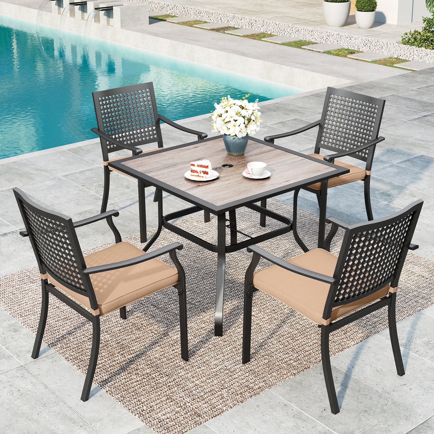 SUMMIT LIVING 5-Piece Outdoor Patio Dining Set with 4 Steel Stackable Armchairs with Cushions (Weight Capacity 350 lbs) & 1 Square Wood Grain Table with Umbrella Hole, Black & Beige