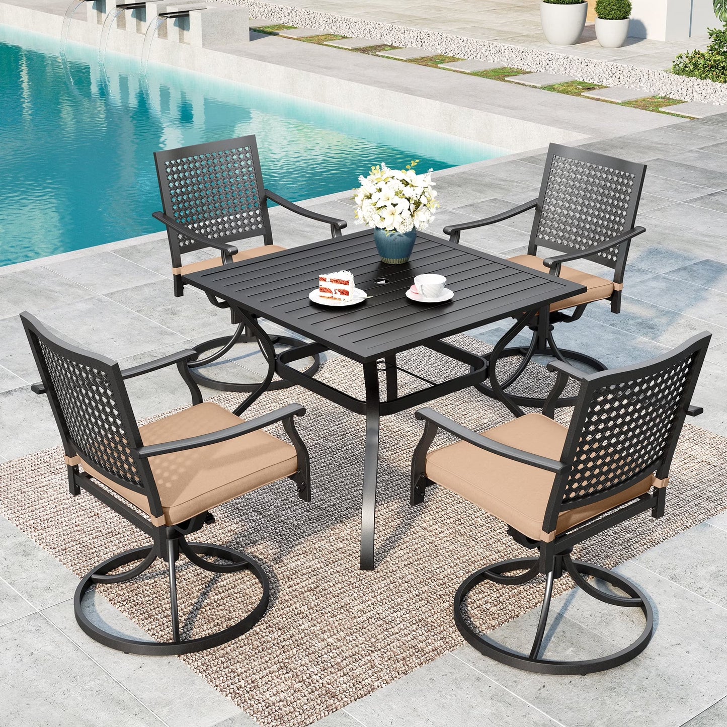 SUMMIT LIVING 5-Piece Outdoor Patio Dining Set, 4 Steel Swivel Armchairs with Cushions (Weight Capacity 350 lbs) & 1 Metal Square Table with Umbrella Hole, Black & Beige