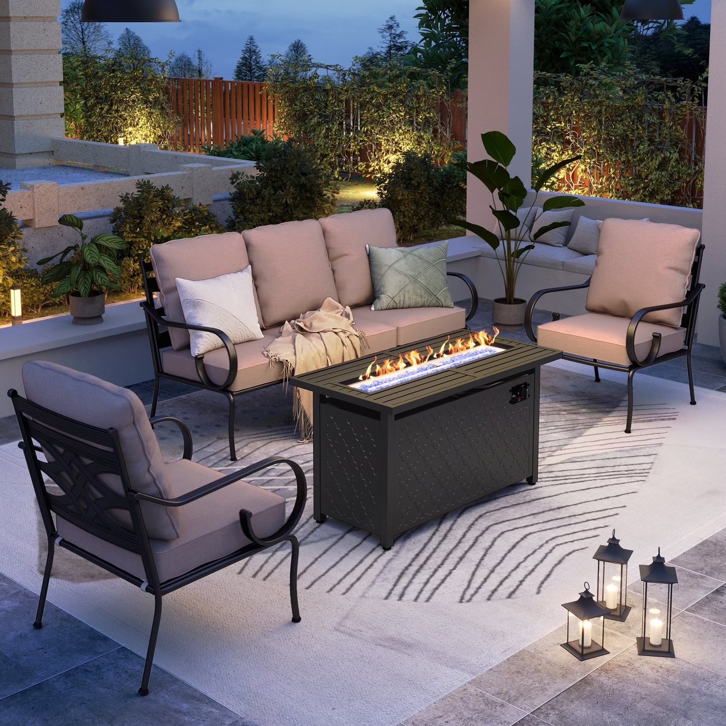 SUMMIT LIVING 5-Seat Outdoor Conversation Set with Rectangle 45" Fire Pit Table, Metal Outdoor Furniture Sofa Set , Black & Beige