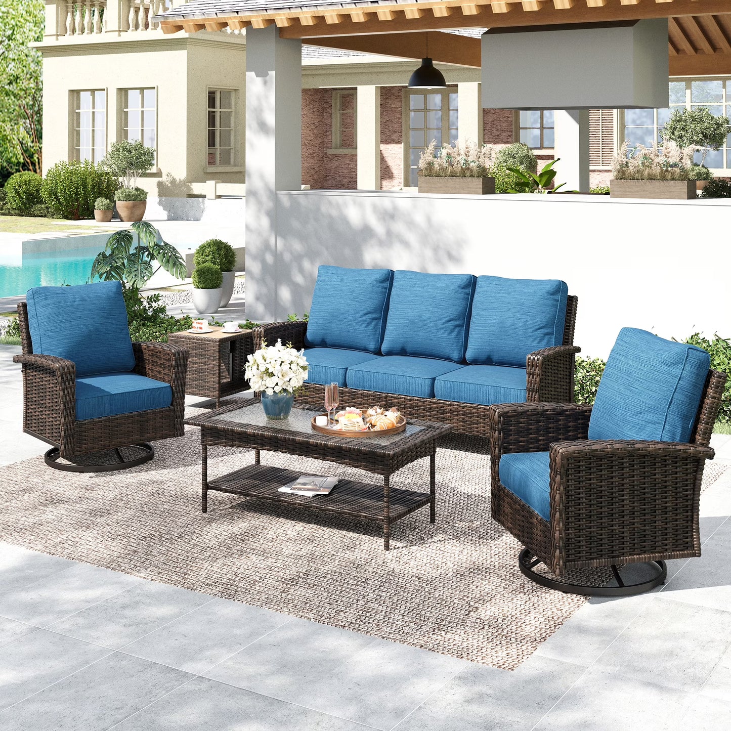 SUMMIT LIVING 5-Seat Wicker Patio Furniture Set with 2 Swivel Chairs & 3-Seat Sofa with 2 pieces Coffee Table, Outdoor Rattan Sectional Conversation Set, Peacock Blue