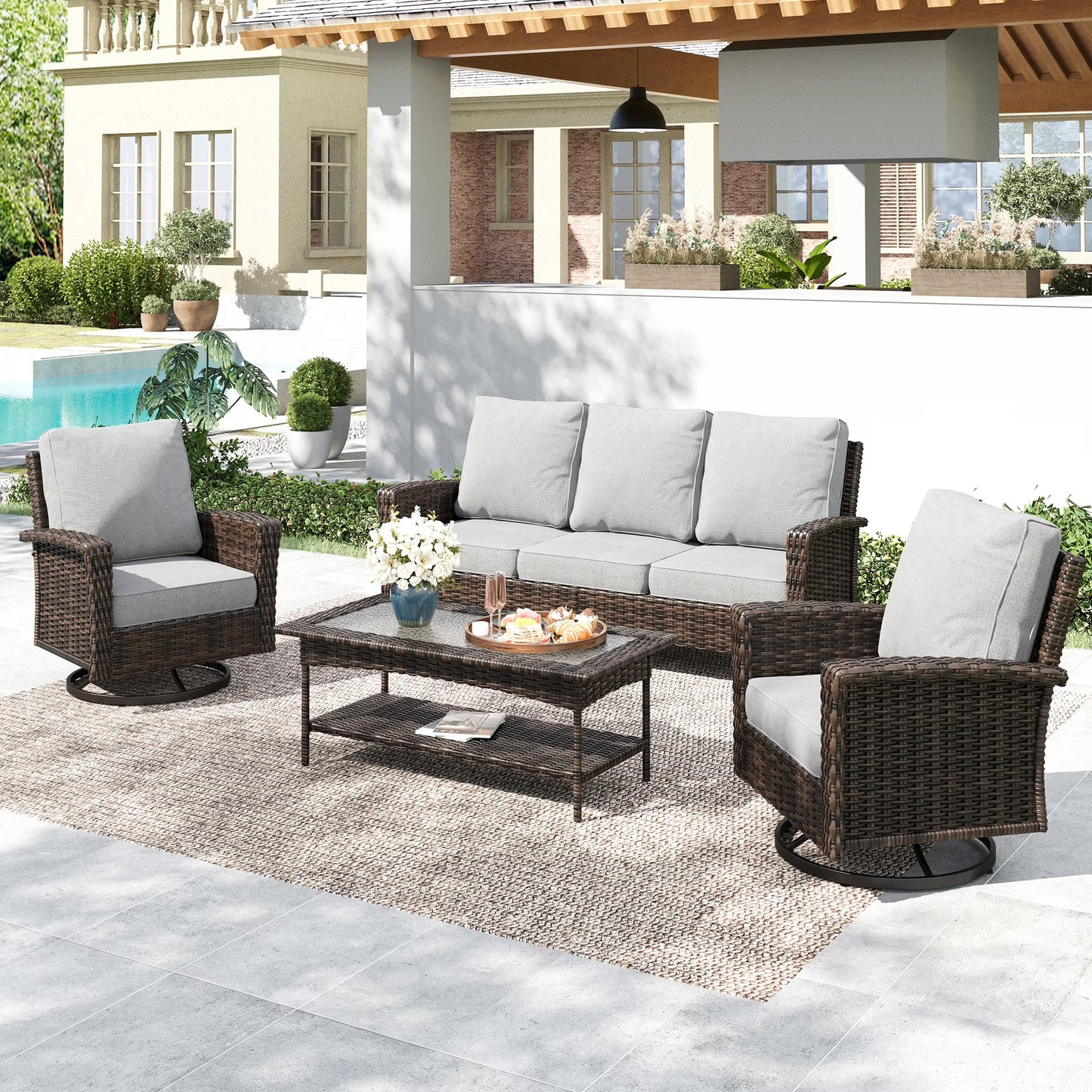 Summit Living 5-Piece Wicker Patio Furniture Set with 2 Swivel Chairs & 3-Seat Sofa with Coffee Table, Outdoor Rattan Sectional Conversation Set, Light Gray