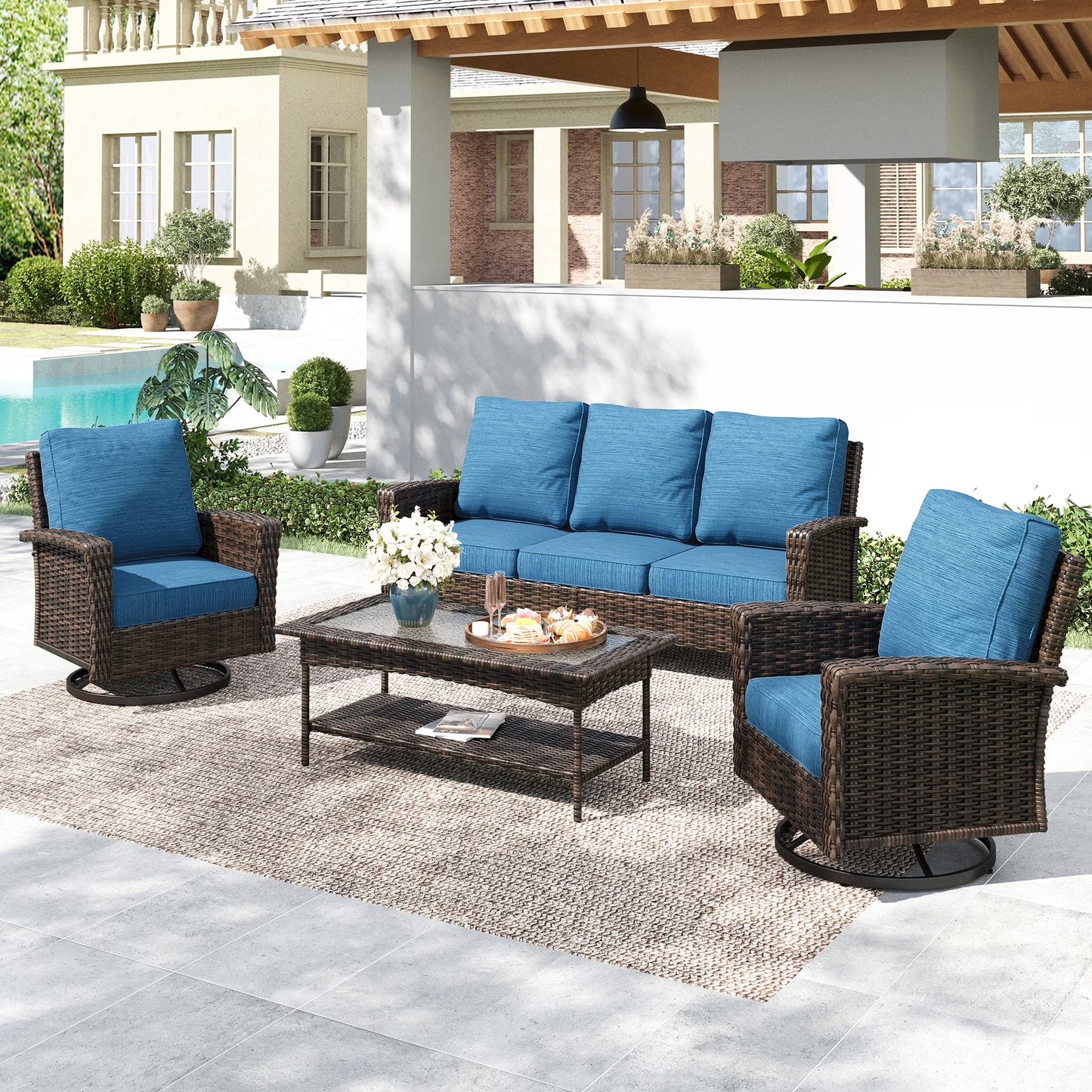 SUMMIT LIVING 5-Piece Wicker Patio Furniture Set with 2 Swivel Chairs & 3-Seat Sofa with Coffee Table, Outdoor Rattan Sectional Conversation Set, Peacock-Blue