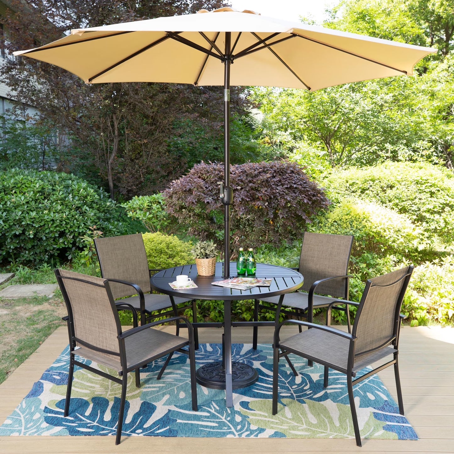 SUMMIT LIVING 6-Piece Outdoor Patio Dining Set with Metal Steel Round Table & 4 Textilene Chairs & 9ft Patio Beige Umbrella, Black & Tan