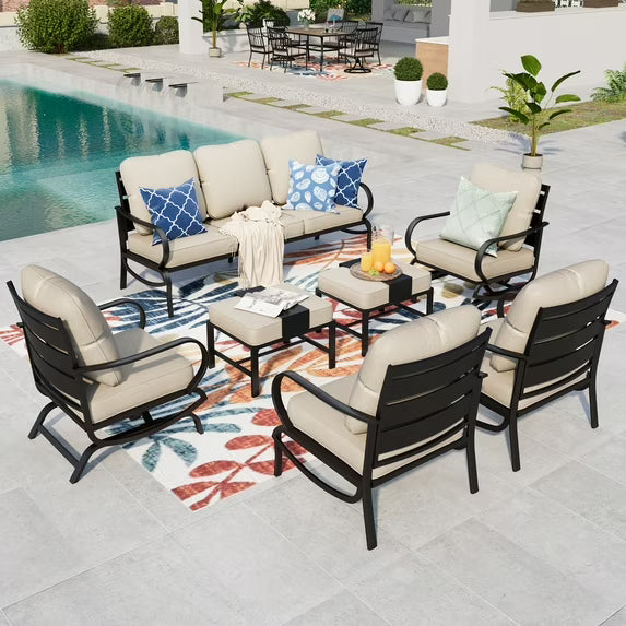 Summit Living 7 Pcs Outdoor Conversation Set, Patio Metal Furniture Sofa Set for 9 Person with Beige Cushion