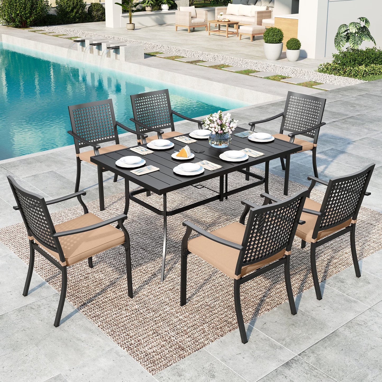 SUMMIT LIVING 7-Piece Outdoor Patio Dining Set, Metal Steel Stackable Chairs with Cushions & Rectangle Table with Umbrella Hole, Black & Brown