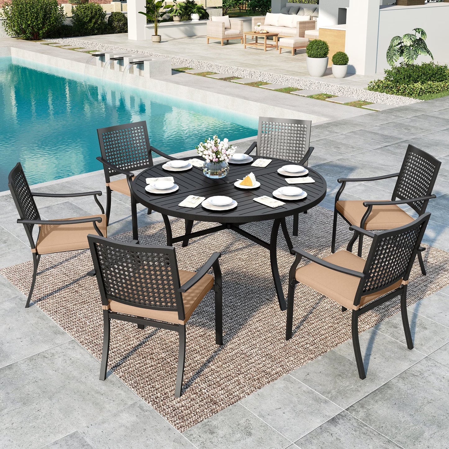 SUMMIT LIVING 7-Piece Outdoor Patio Dining Set with 6 Steel Stackable ArmChairs with Cushions & Round Table with Umbrella Hole, Black & Beige
