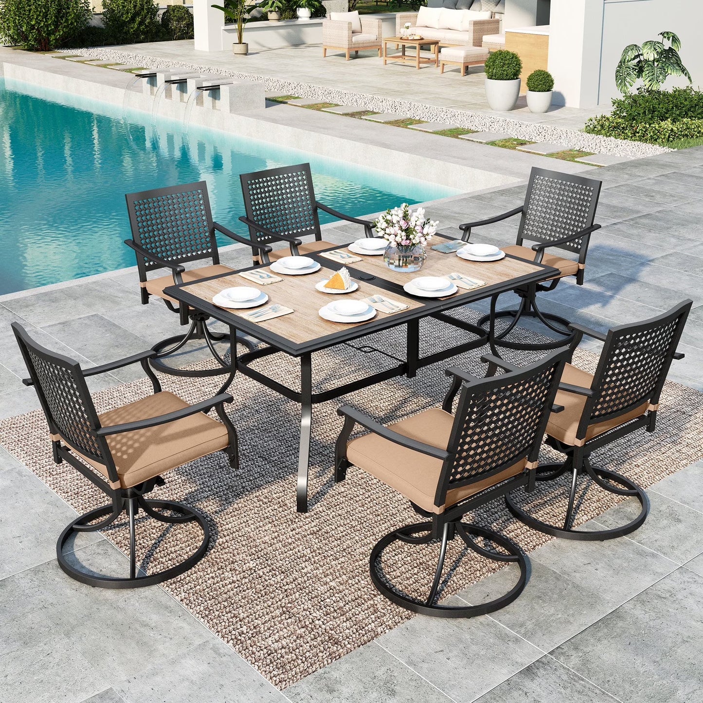 SUMMIT LIVING 7-Piece Outdoor Patio Dining Set with Rectangle Steel Table with Wooden Tabletop & Swivel Chairs with Cushions, Black & Beige