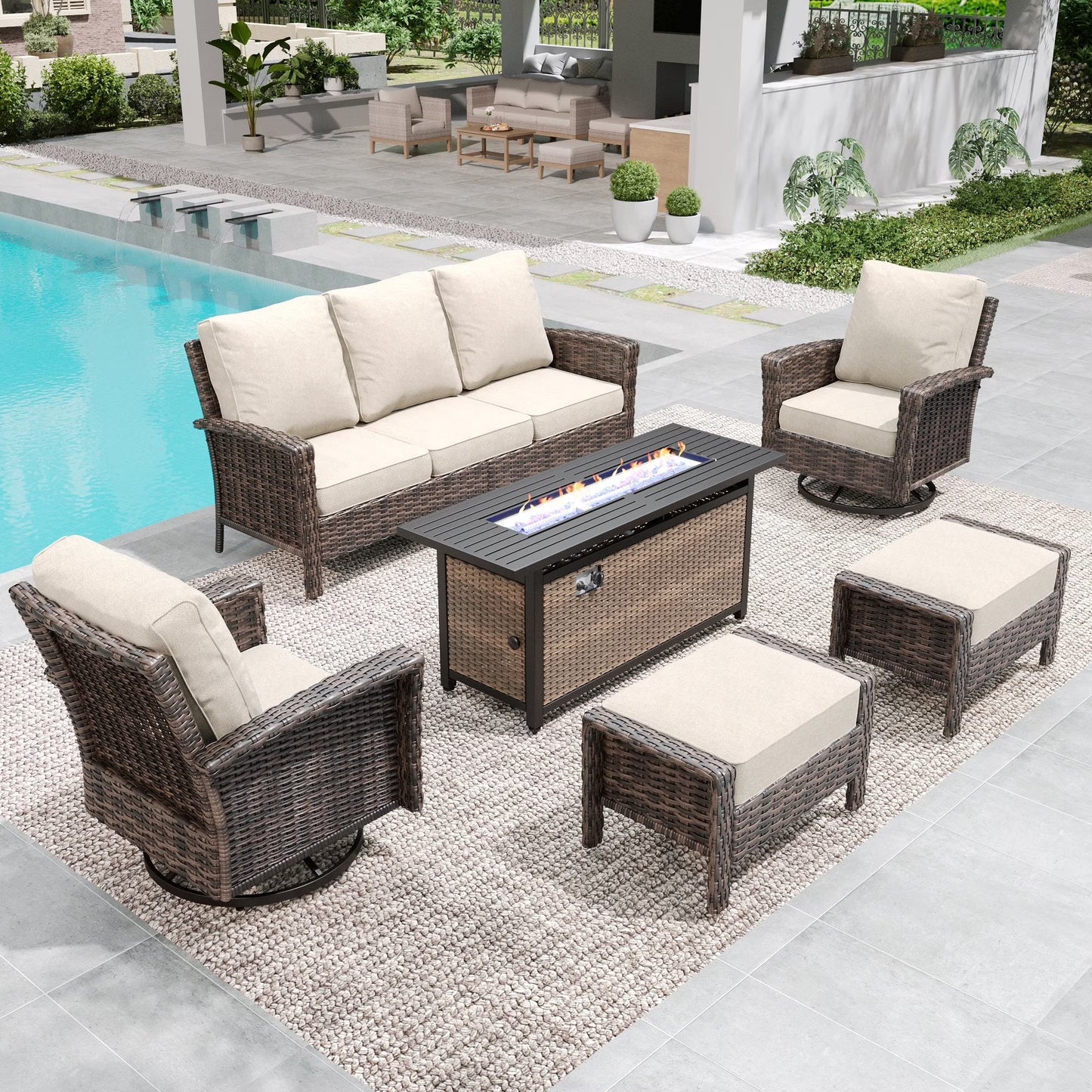 SUMMIT LIVING 7-Seat Outdoor Conversation Set with 56" Gas Fire Pit Table (50,000 BTU), Wicker Sectional Patio Furniture Set with Swivels Chairs, Beige