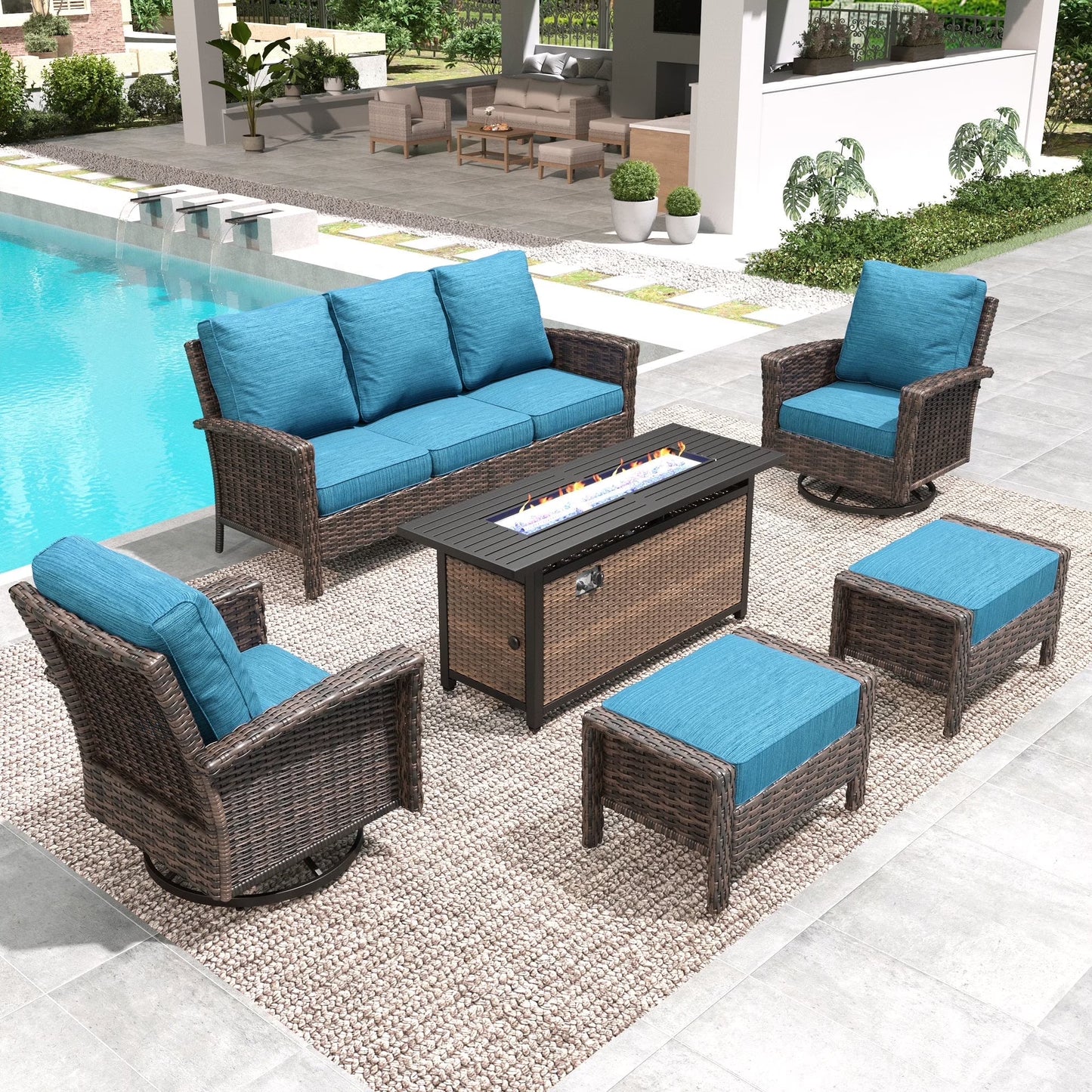 SUMMIT LIVING 7-Seat Outdoor Conversation Set with 56" Gas Fire Pit Table (50,000 BTU), Wicker Sectional Patio Furniture Set with Swivels Chairs, Peacock blue