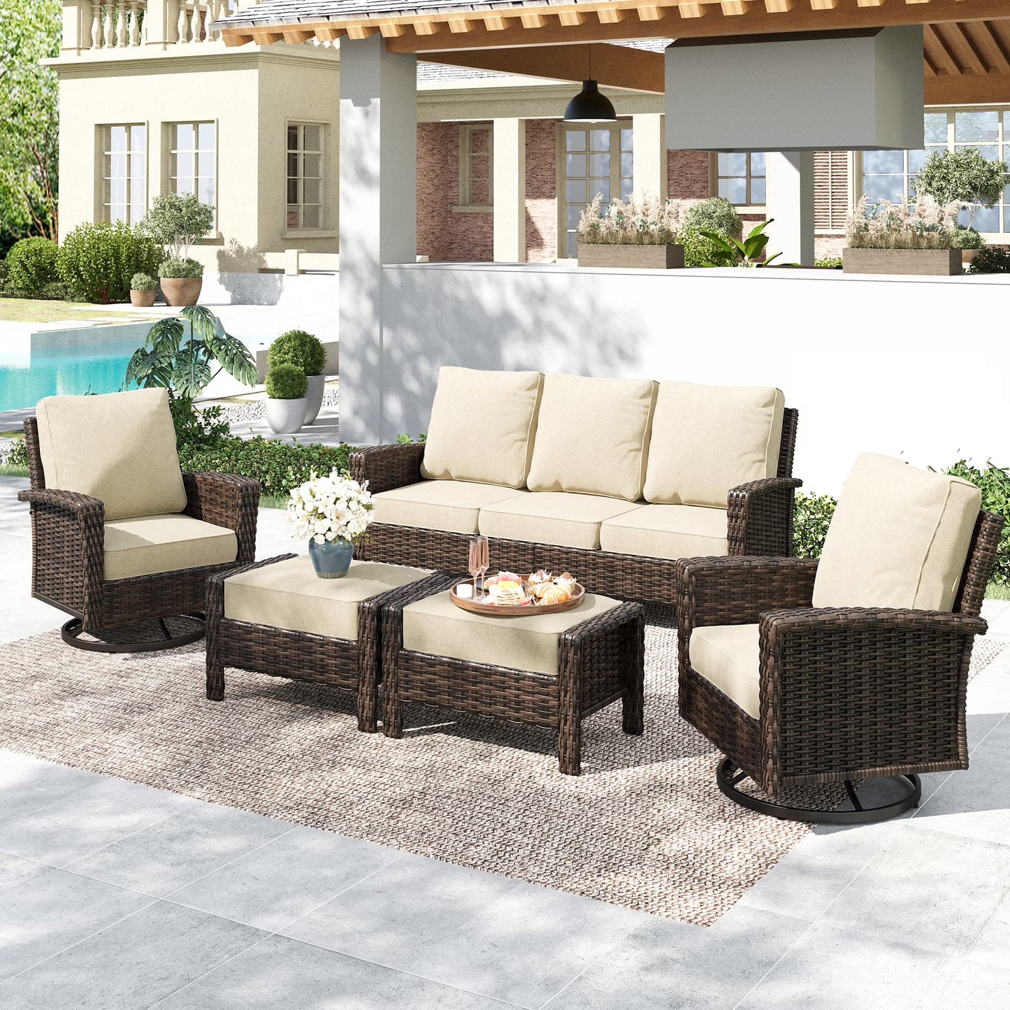 Summit Living 7-Piece Wicker Patio Furniture Set with 2 Swivel Chairs & 3-Seat Sofa with 2 Ottoman, Outdoor Sectional Conversation Set for Garden, Beige