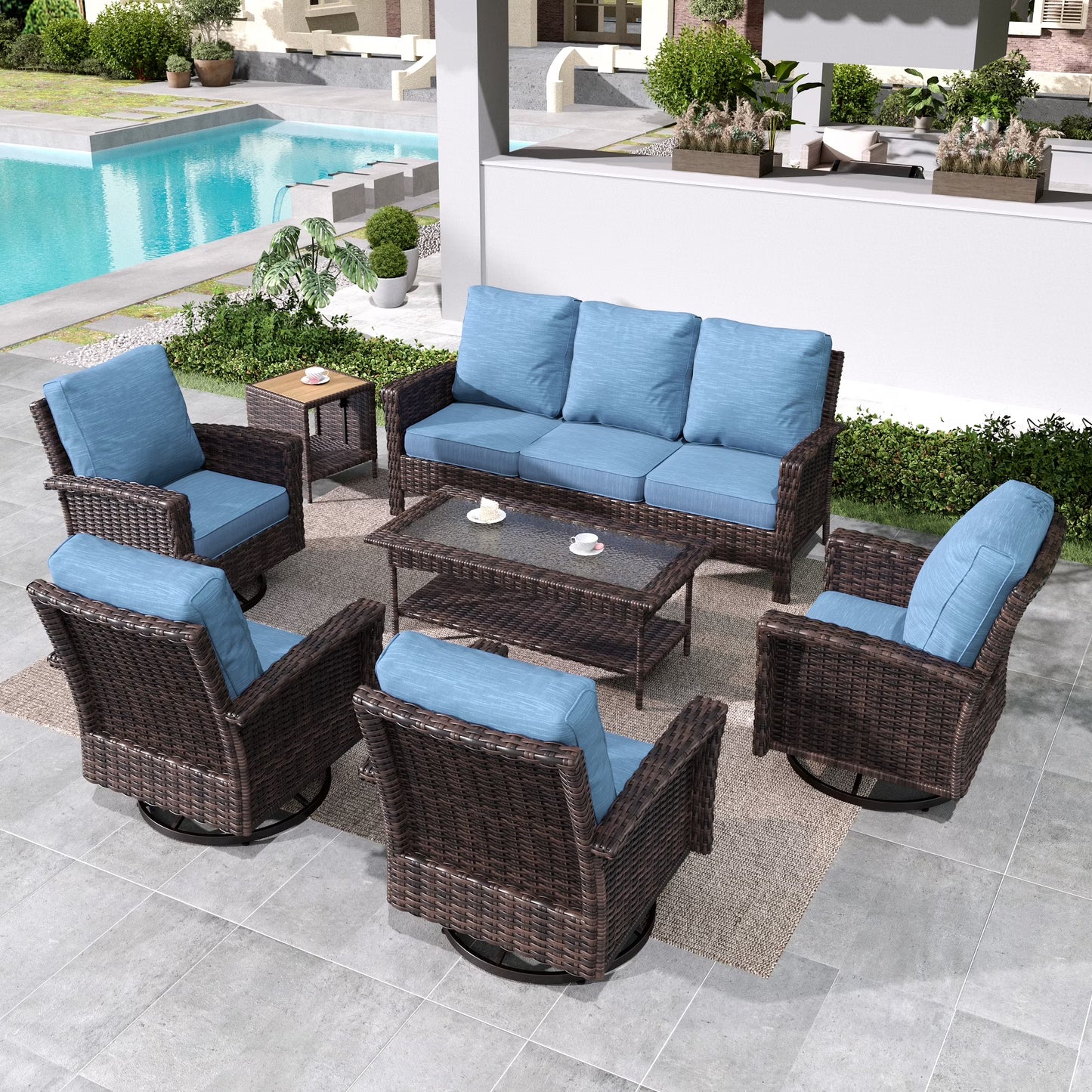 SUMMIT LIVING 7-Seat Wicker Patio Furniture Set with 4 Swivel Chairs & 3-Seat Sofa with 2 Coffee Table, Outdoor Sectional Conversation Set, Navy-blue