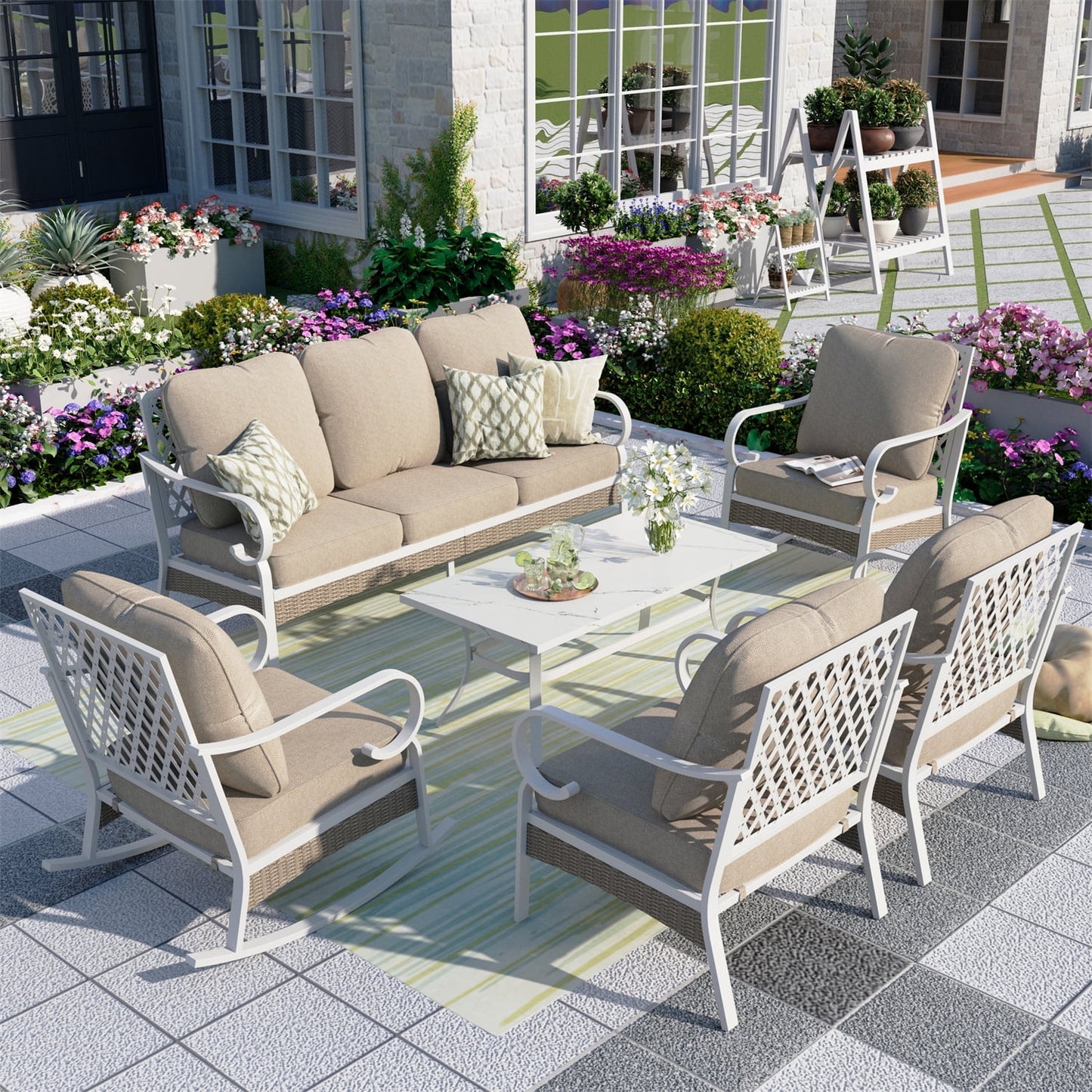 MF Studio 7 Seater Patio Conversation Set Metal Outdoor Furniture with Rocking Chair Sofa Beige Sectional Sofa Set