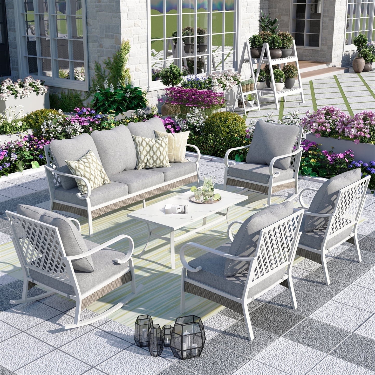 MF Studio 7-Seater Patio Conversation Set Metal Outdoor Furniture with Rocking Chair Sofa Gray