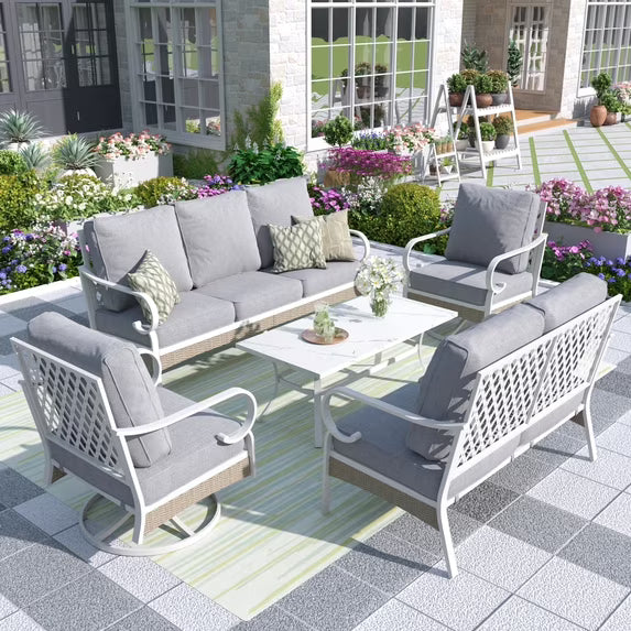 MF Studio 7-Seater Patio Conversation Set Metal Outdoor Furniture with Swivel Chair Sofa Gray