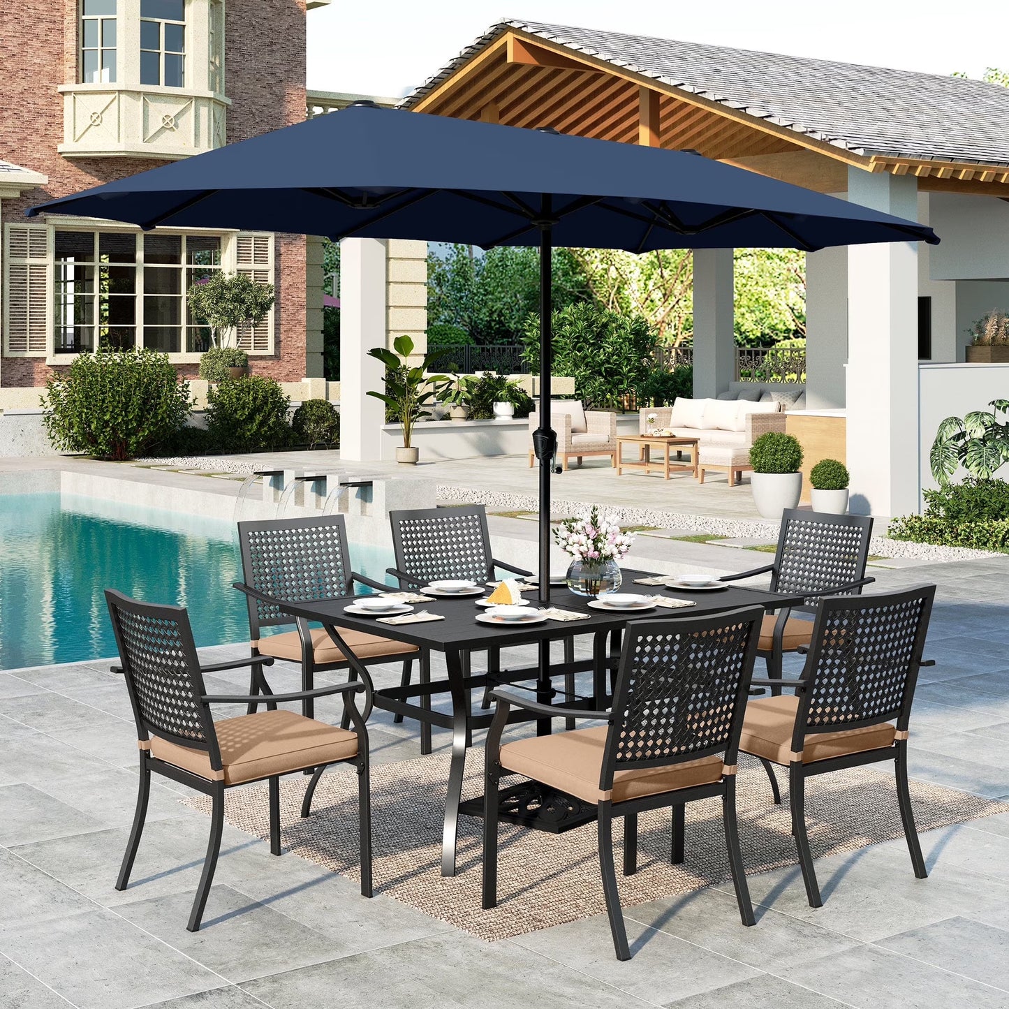 SUMMIT LIVING 8-Piece Outdoor Patio Dining Set with 13 ft Umbrella, Metal Steel Rectangle Table & 6 Stackable ArmChairs with Cushions, Black & Navy-blue