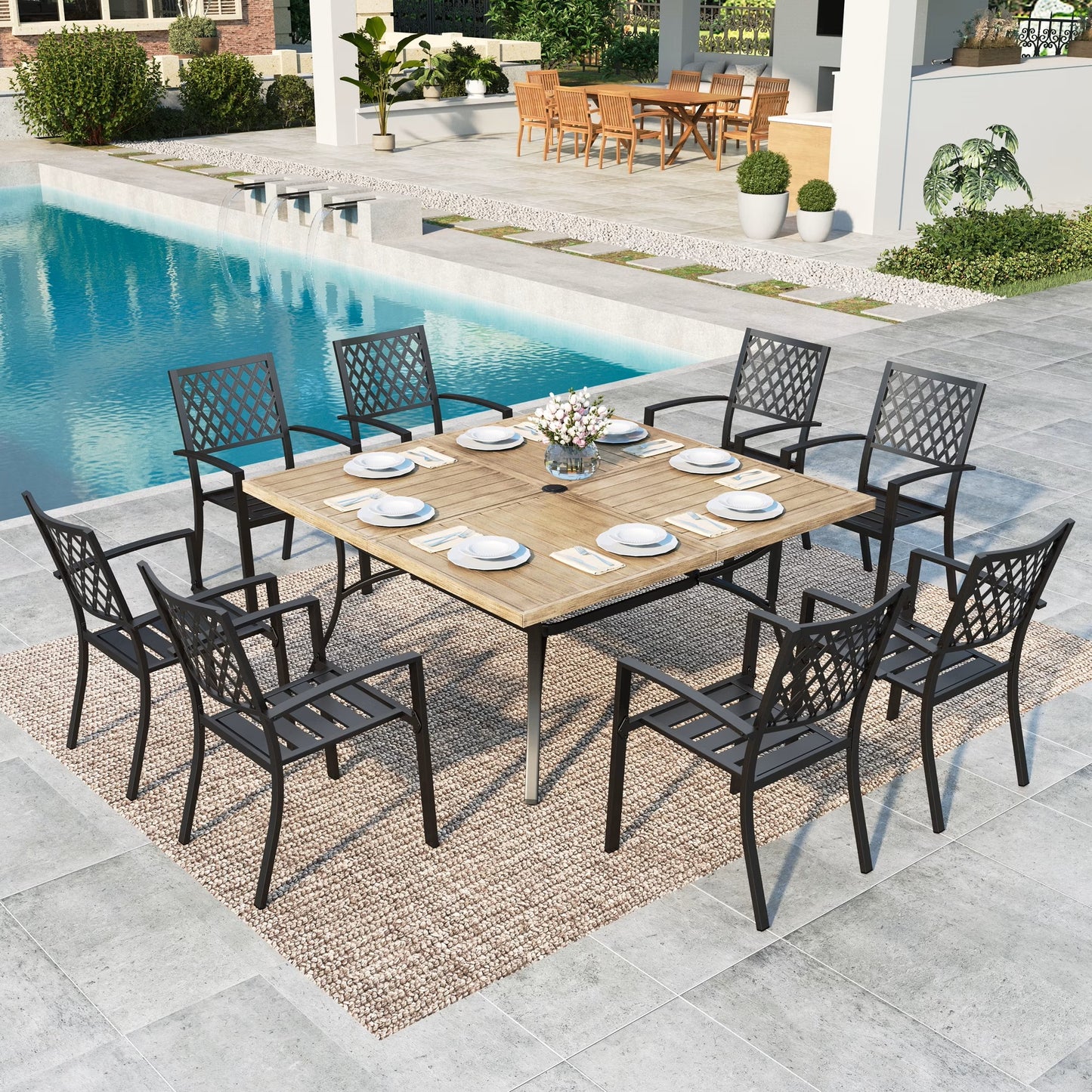 Summit Living 9-Piece Outdoor Dining Set for 8-Person, Stack-able Chairs & Wood Grain Table, Black