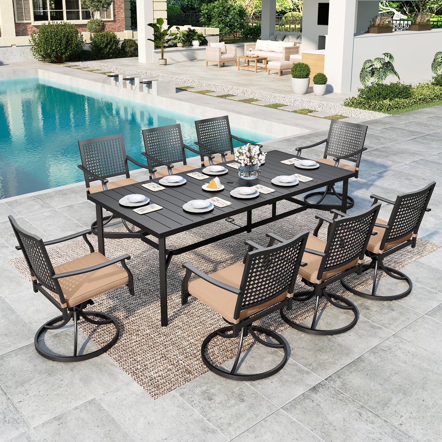 SUMMIT LIVING 9-Piece Outdoor Patio Dining Set with 8 Swivel Metal Armchairs with Cushions & 1 Metal Steel Rectangle Table with Umbrella Hole, Black & Beige