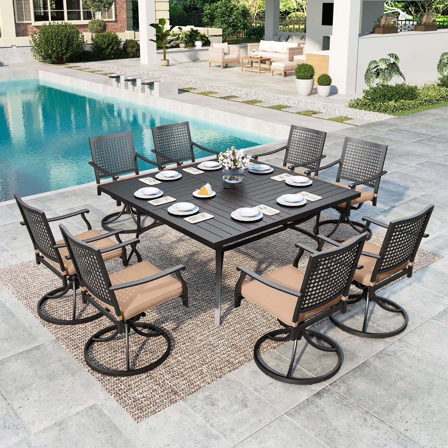 SUMMIT LIVING 9-Piece Outdoor Patio Dining Set with Large Metal Steel Square Table with Umbrella Hole & Swivel Chairs with Cushions (Weight Capacity 350 lbs) for 8-Person, Black & Biege