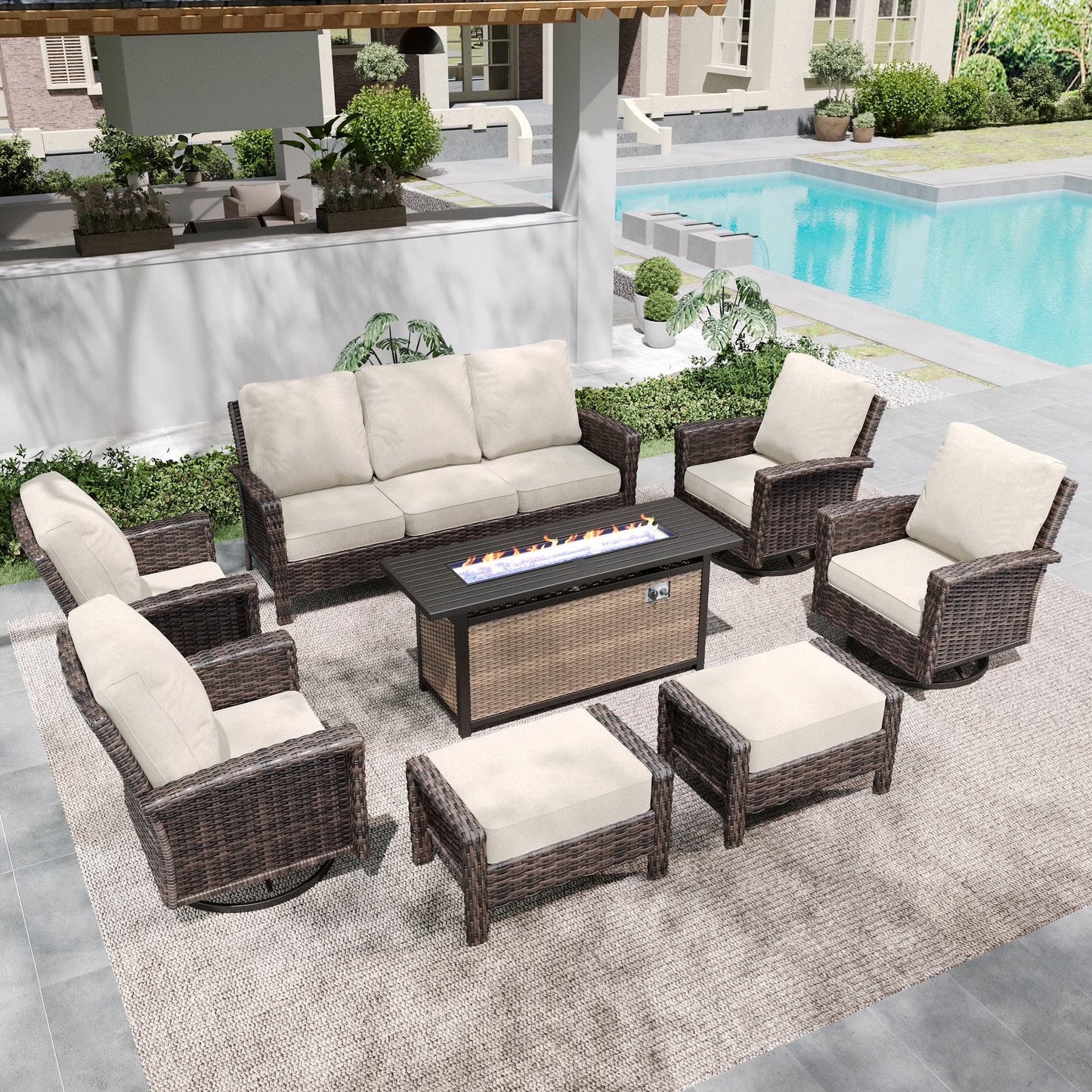 SUMMIT LIVING 9-Seat Patio Furniture Set with 56" Gas Fire Pit Table (50,000 BTU), Wicker Sectional Outdoor Conversation Set with Swivels Chairs, Beige