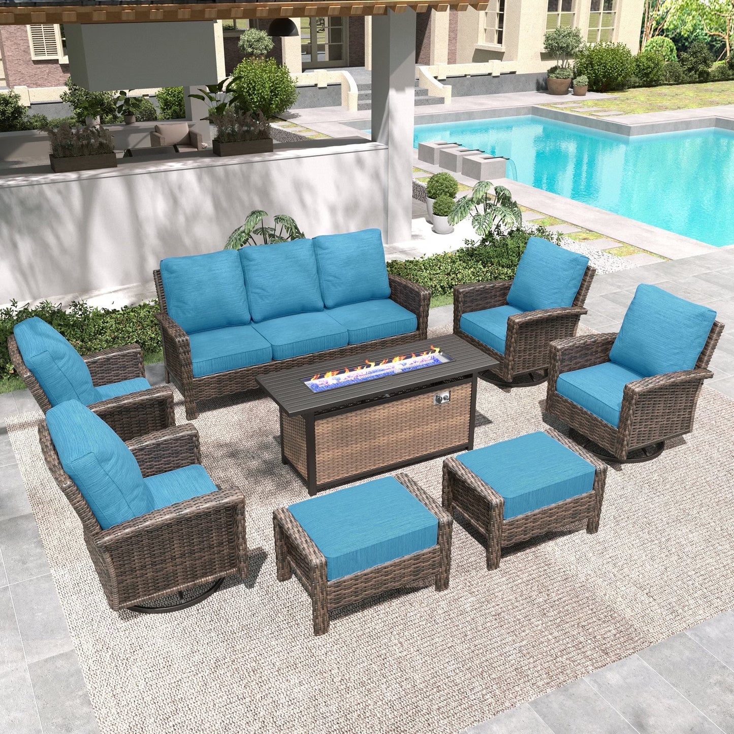 SUMMIT LIVING 9-Seat Patio Furniture Set with 56" Gas Fire Pit Table (50,000 BTU), Wicker Sectional Outdoor Conversation Set with Swivels Chairs, Peacock-blue