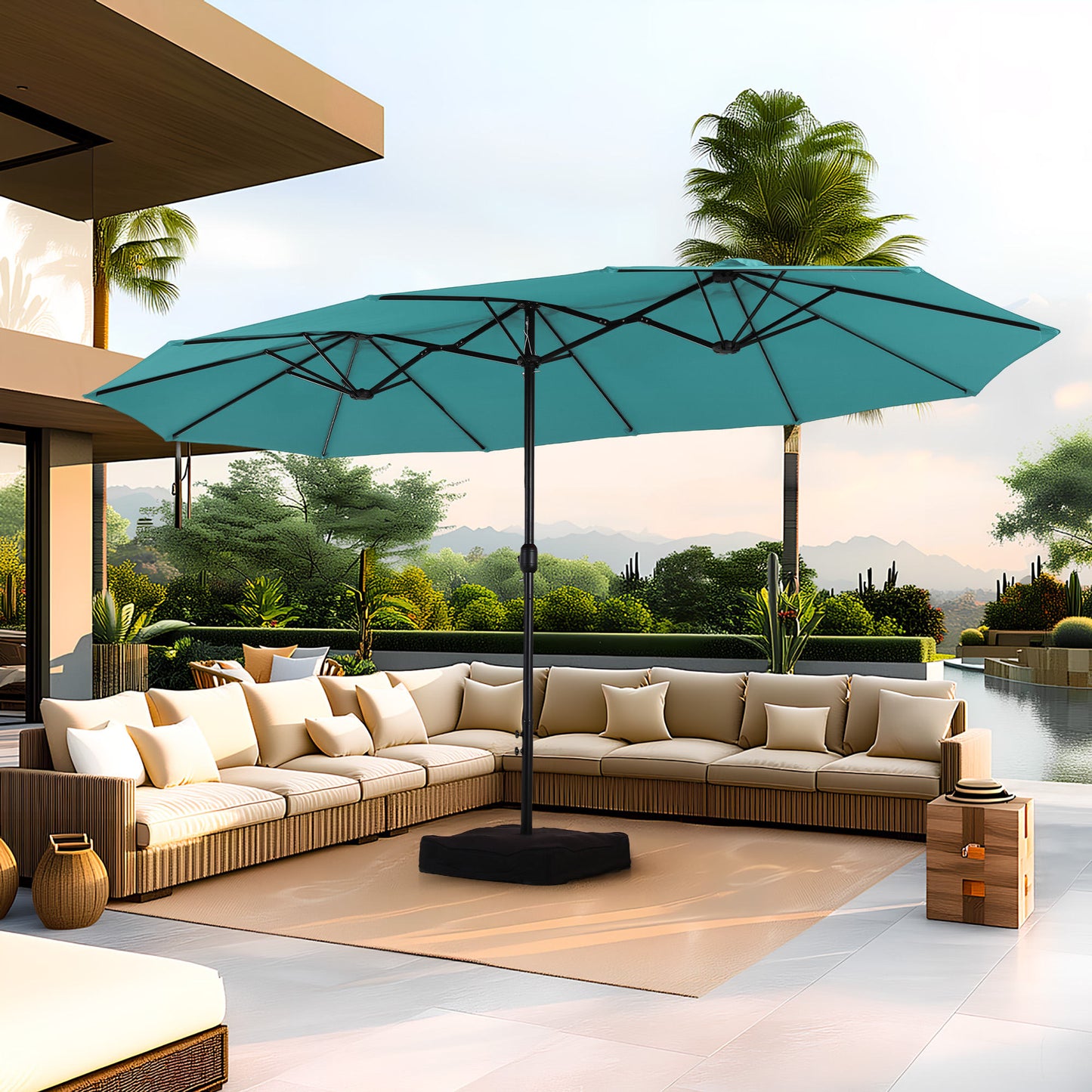 SUMMIT LIVING 15 ft Large Patio Umbrella with Base (Included) Double-Sided Rectangular Outdoor Deck Umbrella for Outside - Turquoise